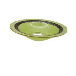 Vintage Flash Glass Footed Bowl Green with Black and Gold Trim 2 3/4" H x 10" W